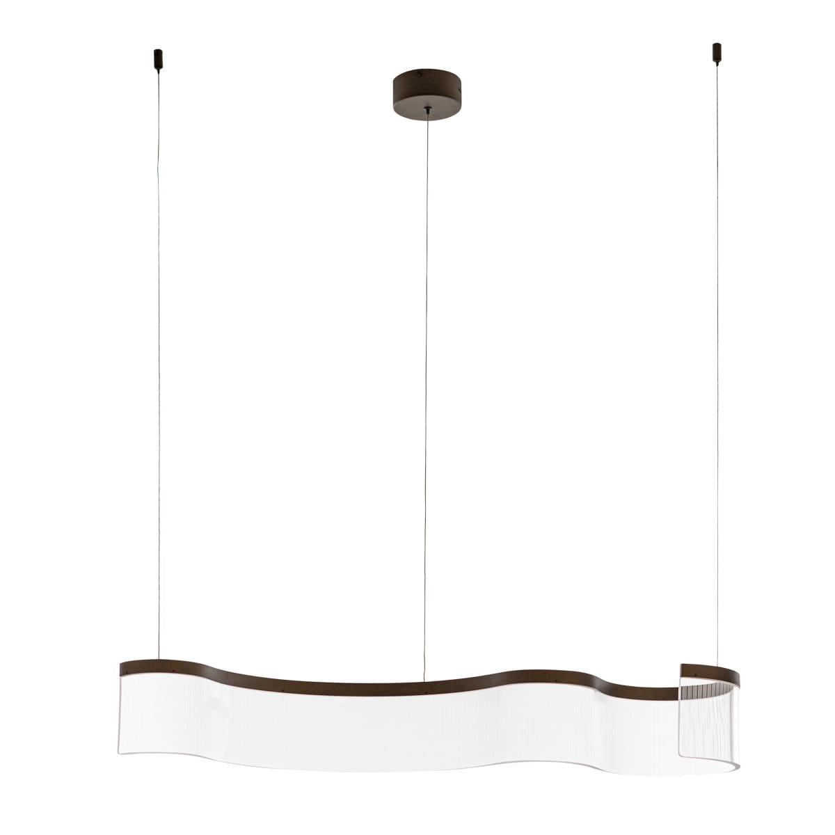 Lampa wisząca Notar w kolorze kawowym, z jedną diodą LED o mocy 31W. Posiada falisty kształt z przezroczystym kloszem i metalowym mocowaniem. Zawieszona na cienkich linkach, montowana do sufitu.