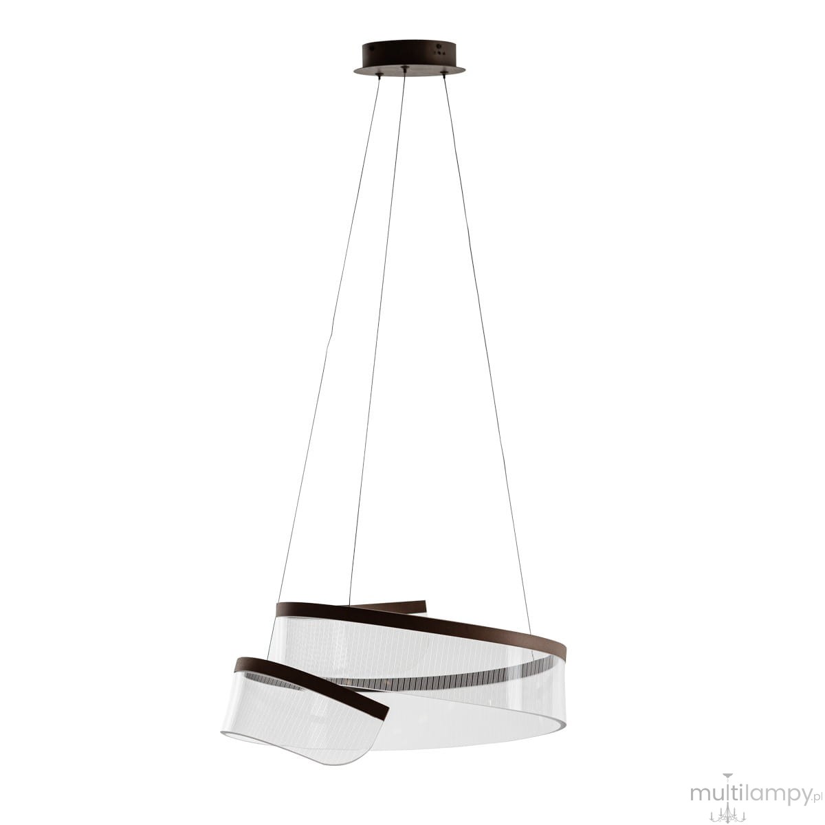 Lampa wisząca Rustin 1xLED/45W w kolorze kawowym, z przezroczystym kloszem w kształcie spiralnym i brązowym wykończeniem. Zawieszona na cienkich linkach, idealna do nowoczesnych wnętrz.