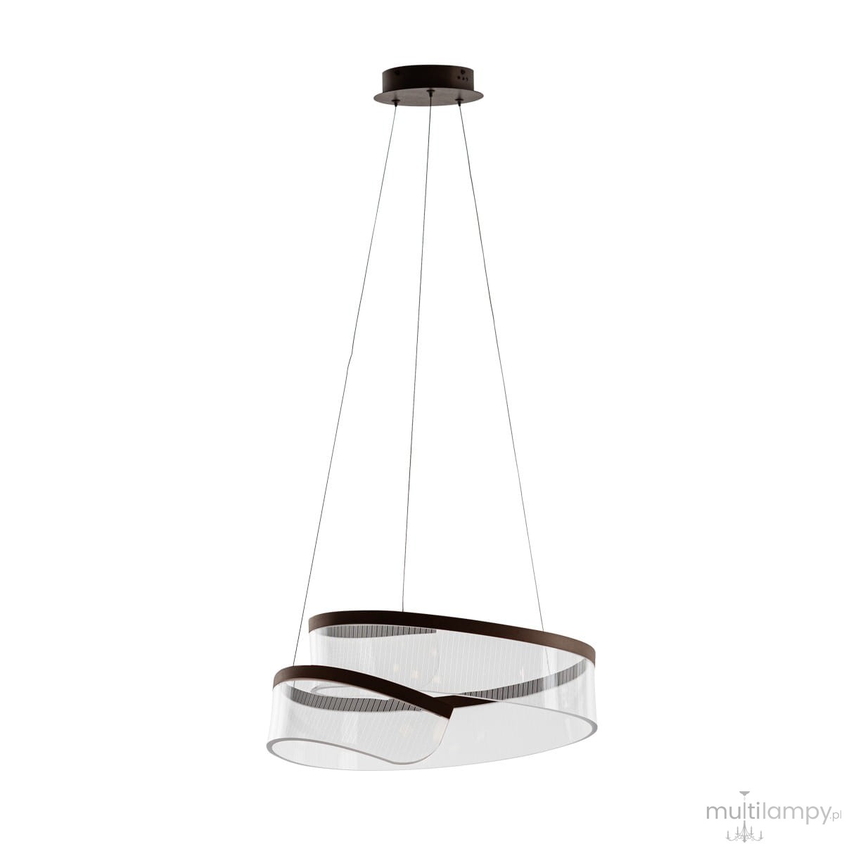 Lampa wisząca Rustin 1xLED/45W w kolorze kawowym. Posiada elegancki, podwójny klosz z przezroczystego materiału i ciemnego metalu, zawieszona na cienkich linkach. Widziana z boku, w nowoczesnym stylu, idealna do aranżacji wnętrz.