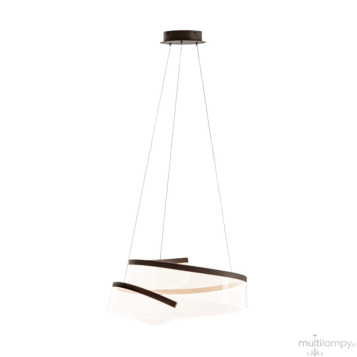 Lampa wisząca Rustin 1xLED/45W w kolorze kawowym, z nowoczesnym wzornictwem. Kształt oprawy z delikatnymi, falującymi liniami i ciemnymi akcentami. Zawieszona na cienkich linkach, montowana do sufitu. Idealna do nowoczesnych wnętrz.