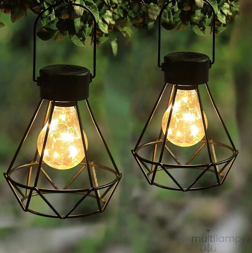 Czarna lampa stołowa wisząca Diament z metalową klatką, w której umieszczona jest żarówka z ozdobnymi światłami. Lampa zawieszona w otoczeniu zieleni, prezentująca nowoczesny design.