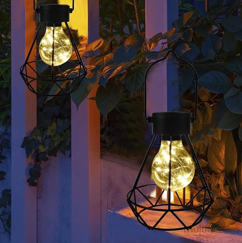 Lampa stołowa wisząca Diament w kolorze czarnym z przezroczystą żarówką LED w metalowej klatce, zawieszona w otoczeniu roślin. Oświetlenie emituje ciepłe światło, idealne do dekoracji przestrzeni na zewnątrz.