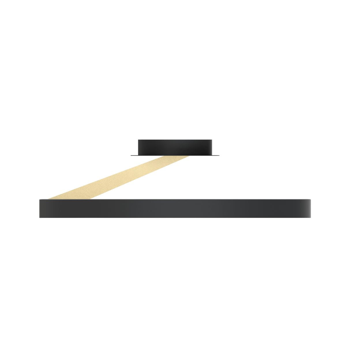 Lampa sufitowa Malu z jednym źródłem LED o mocy 37W, w kolorze czarnym z złotym akcentem. Prezentuje minimalistyczny design, z płaskim, okrągłym kloszem oraz poziomą, złotą listwą. Ujęcie boczne, na białym tle.