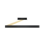 Lampa sufitowa Malu z jednym źródłem LED o mocy 37W, w kolorze czarnym z złotym akcentem. Prezentuje minimalistyczny design, z płaskim, okrągłym kloszem oraz poziomą, złotą listwą. Ujęcie boczne, na białym tle.