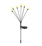 Lampa solarna ogrodowa z 6 diodami LED, czarna, umieszczona na szpikulcu. Posiada sześć ramion z okrągłymi źródłami światła skierowanymi w górę. Słup metalowy, podstawa z panelu słonecznego. Produkt w pozycji stojącej, na białym tle.