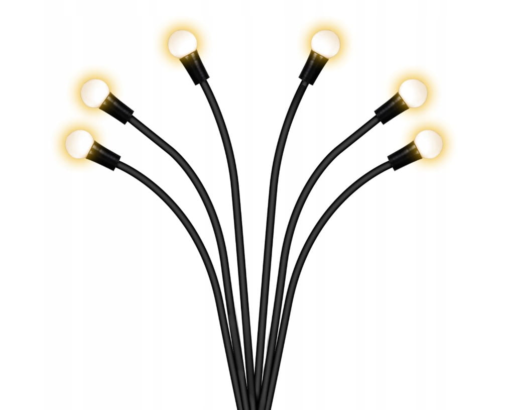 Lampa solarna ogrodowa z 6 LED na czarnym szpikulcu, z widocznymi okrągłymi kloszami emitującymi ciepłe światło. Produkt ustawiony w pozycji pionowej, z przewodami rozchodzącymi się w różnych kierunkach. Tło jednolite, podkreślające detale lampy.