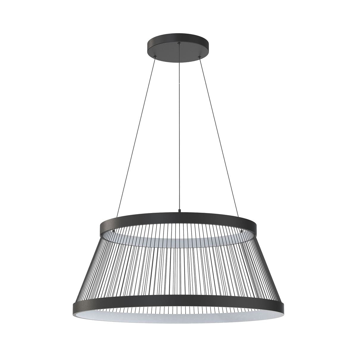 Lampa wisząca Balu w kolorze czarnym piaskowym, z podwójnym kloszem w formie stożka, zawieszona na cienkich linkach. Posiada dwa źródła światła LED o mocy 57W. Prosta, nowoczesna konstrukcja, idealna do wnętrz.