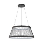 Lampa wisząca Balu w kolorze czarnym piaskowym, z podwójnym kloszem w formie stożka, zawieszona na cienkich linkach. Posiada dwa źródła światła LED o mocy 57W. Prosta, nowoczesna konstrukcja, idealna do wnętrz.