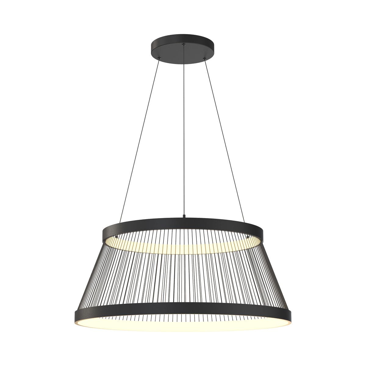 Lampa wisząca Balu w kolorze czarnym piaskowym, z dwoma źródłami LED o mocy 57W. Posiada szeroki, lekko zwężający się klosz z metalowych prętów, zawieszony na cienkich linkach. Montaż sufitowy, nowoczesny design.