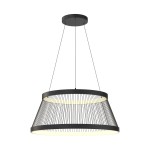 Lampa wisząca Balu w kolorze czarnym piaskowym, z dwoma źródłami LED o mocy 57W. Posiada szeroki, lekko zwężający się klosz z metalowych prętów, zawieszony na cienkich linkach. Montaż sufitowy, nowoczesny design.