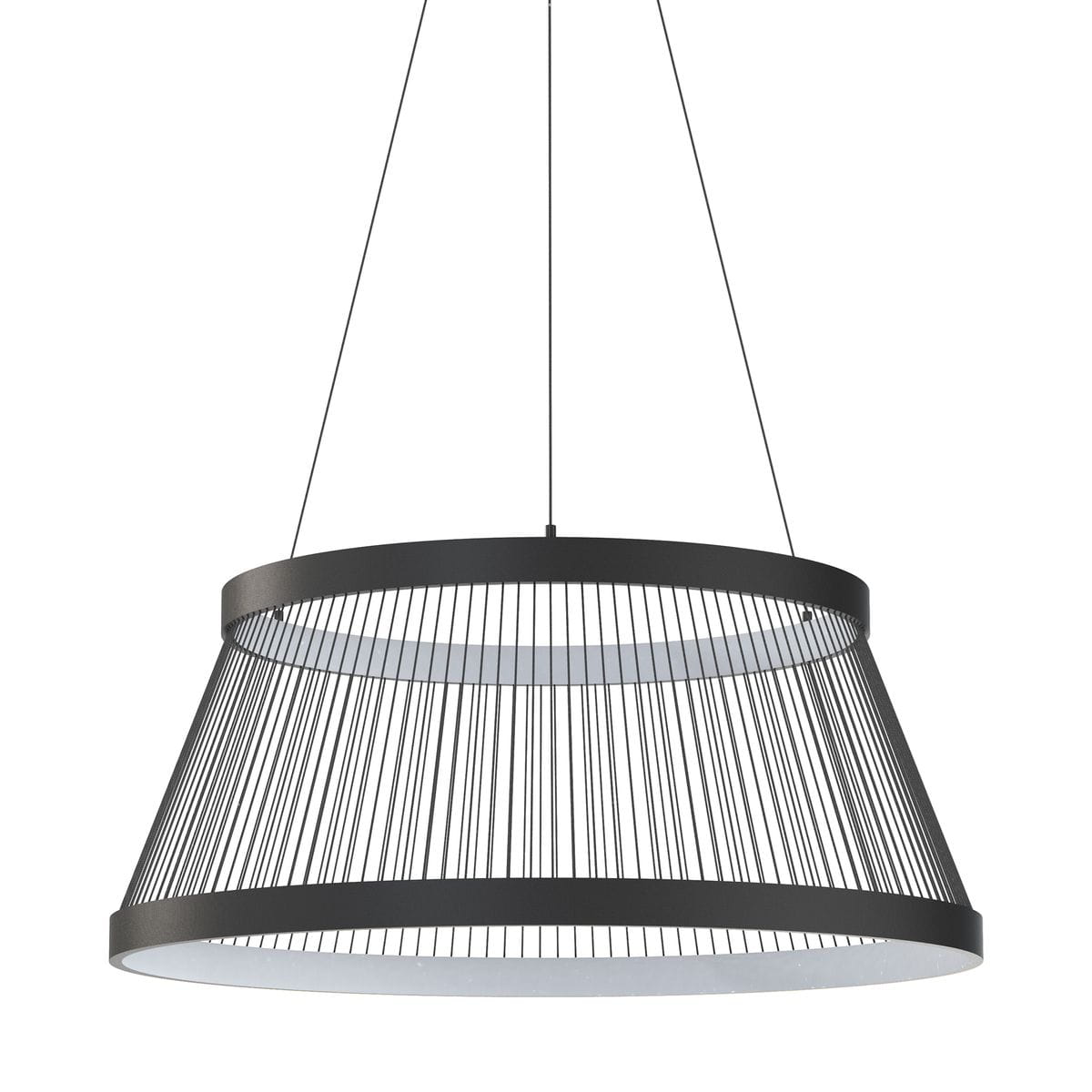 Lampa wisząca Balu w kolorze czarnym piaskowym, z dwoma źródłami światła LED o mocy 57W. Posiada charakterystyczny klosz w formie stożka z cienkimi prętami, zawieszona na cienkich linkach, z białym, matowym wnętrzem.