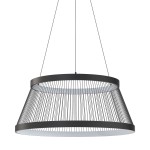 Lampa wisząca Balu w kolorze czarnym piaskowym, z dwoma źródłami światła LED o mocy 57W. Posiada charakterystyczny klosz w formie stożka z cienkimi prętami, zawieszona na cienkich linkach, z białym, matowym wnętrzem.