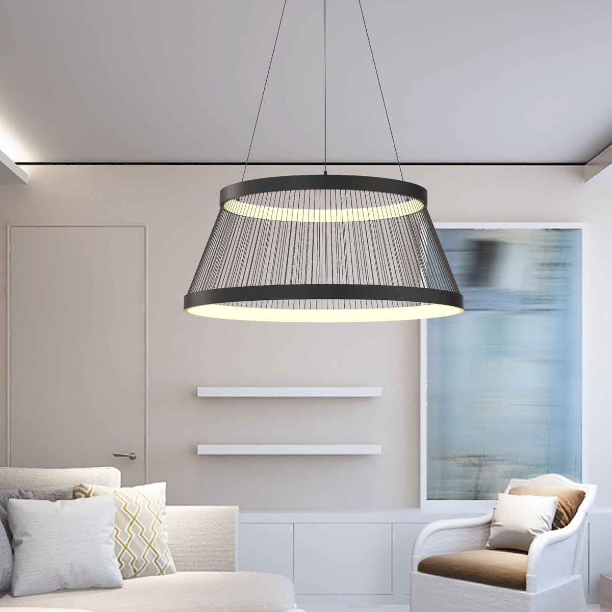 Lampa wisząca Balu 2xLED/57W w kolorze czarnym piaskowym, o cylindrycznym kształcie, zawieszona na cienkich linkach. Wnętrze lampy wykończone jest białym akrylem, co zapewnia równomierne oświetlenie. Produkt umieszczony we wnętrzu z jasnymi meblami.