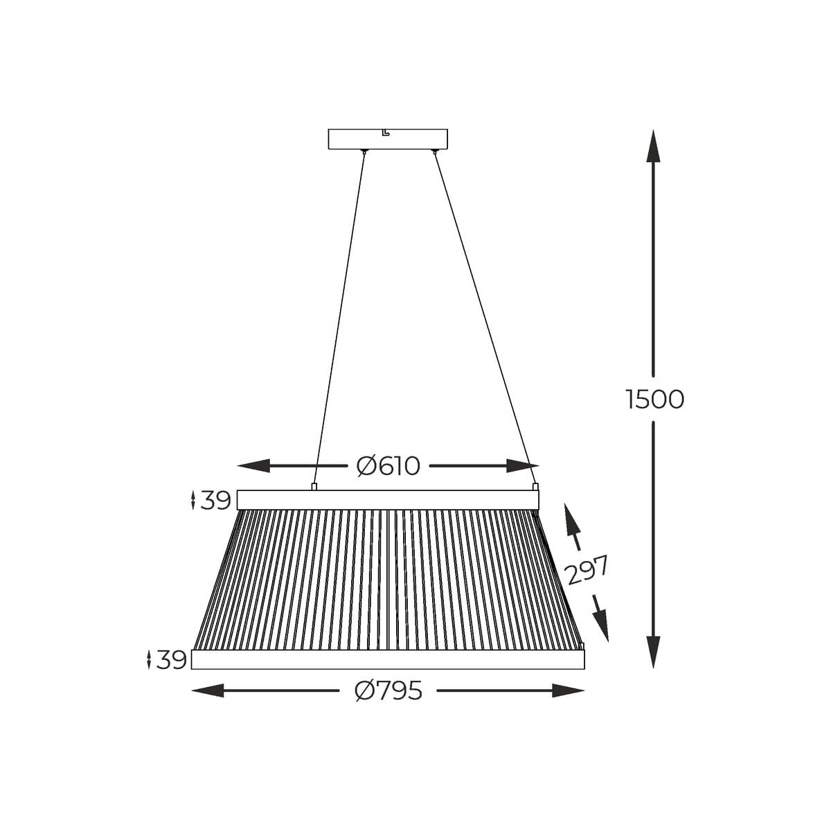 Lampa wisząca Balu 2xLED/57W w kolorze czarnym piaskowym. Okrągła podsufitka z wiszącym kloszem o średnicy 795 mm i wysokości 39 mm. Klosz o fakturze z poziomymi rowkami, zawieszony na regulowanych linkach. Wysokość całkowita 1500 mm.