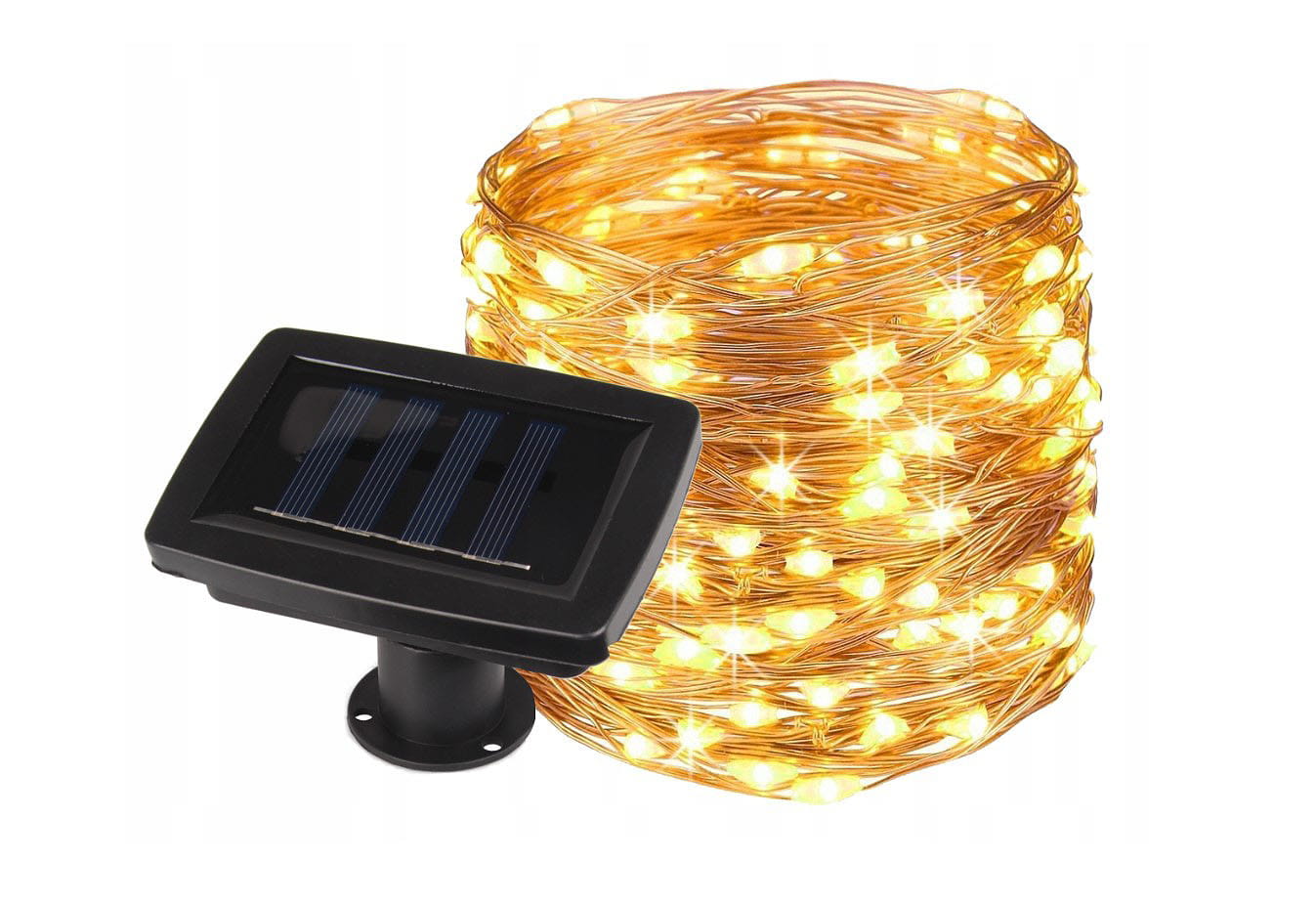 Girlanda świetlna ogrodowa solarna z 100 diodami LED, o długości 10 m. Złoty drut z diodami emitującymi ciepłe światło, zintegrowany panel słoneczny z czterema ogniwami, montowany pionowo. Produkt idealny do dekoracji ogrodu lub tarasu.