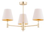 Żyrandol Astrit w kolorze złotym z trzema kloszami w odcieniu jasnego beżu. Klosze o kształcie stożkowym, z białymi krawędziami. Produkt zamontowany na centralnej podstawie, z metalowymi ramionami w lśniącej złotej powłoce.