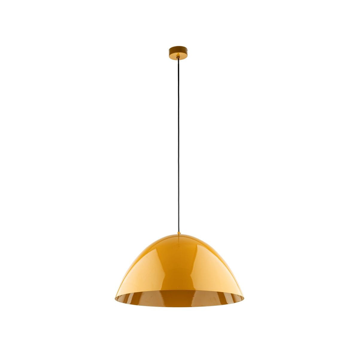 Lampa wisząca Faro D34 w kolorze ochra, z metalowym kloszem w kształcie półkuli, zawieszona na czarnym przewodzie. U góry umieszczony okrągły uchwyt. Wyposażona w jedno gniazdo E27. Prosta forma, idealna do nowoczesnych wnętrz.