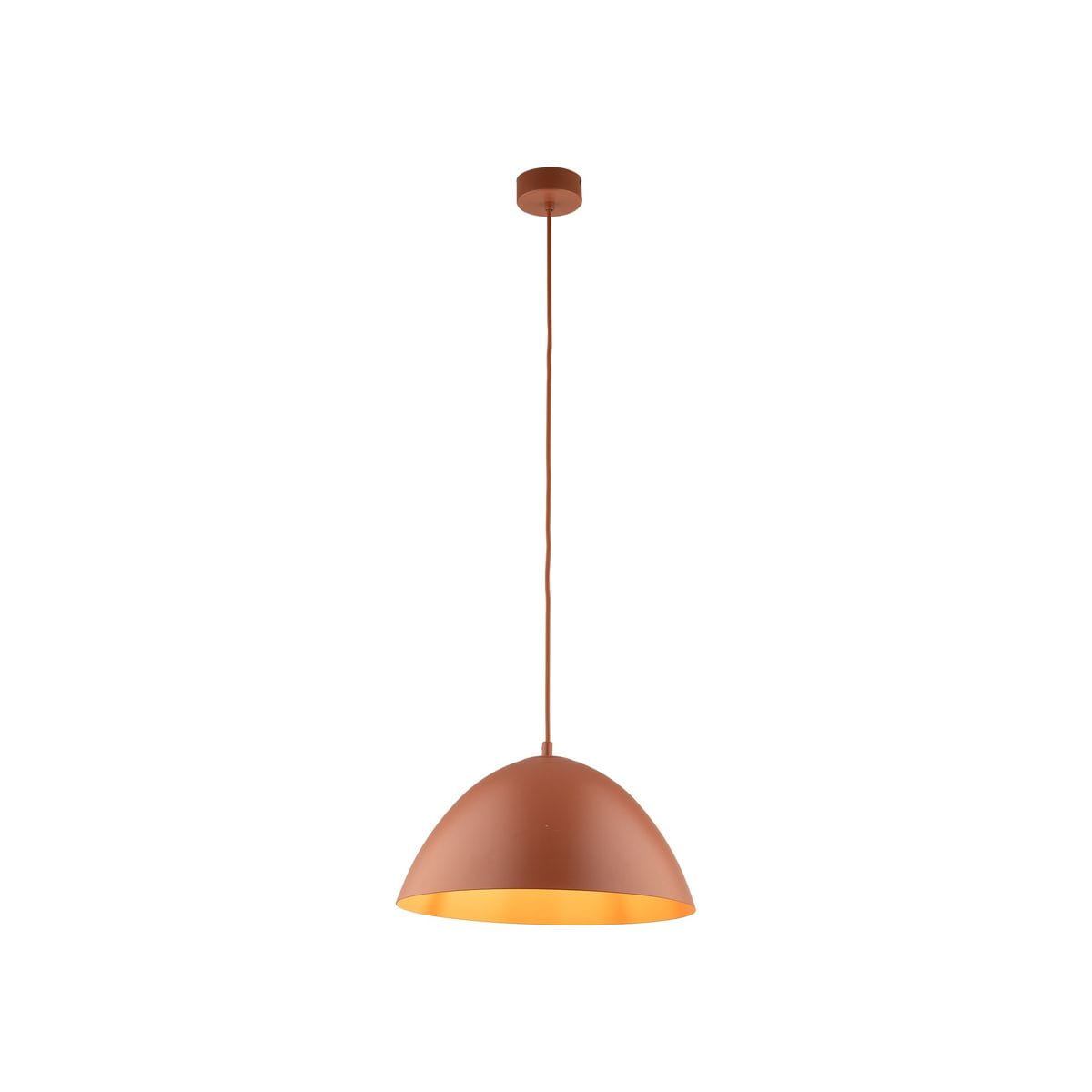 Lampa wisząca Faro D34 w kolorze ceglastym z jednolitą, matową powierzchnią. Kształt półkulisty z otwartym wnętrzem, zawieszona na cienkim kablu. Wymiary i szczegóły montażowe nie są widoczne. Tło białe, co podkreśla kolor lampy.