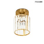 Lampa sufitowa Rey z oprawą w kolorze złotym, z kryształowym kloszem w formie cylindrycznej, z wyraźnymi, pionowymi żłobieniami. Zamontowana na okrągłej podstawie, idealna do nowoczesnych wnętrz. Wymaga żarówki E27.