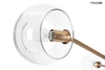 Lampa wisząca Aura z sześcioma gniazdami E14, złota konstrukcja z metalowymi detalami, przezroczyste szklane klosze. Ujęcie z bliska, pokazujące gniazdo żarówki i elementy mocujące. Idealna do nowoczesnych wnętrz.
