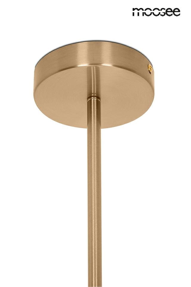 Lampa wisząca Aura 6xE14 w kolorze złotym, z metalowym okrągłym mocowaniem i prostym, smukłym zawieszeniem. Ujęcie z dołu, ukazujące detal mocowania i wykończenia. Wysoka jakość materiałów, idealna do nowoczesnych wnętrz.