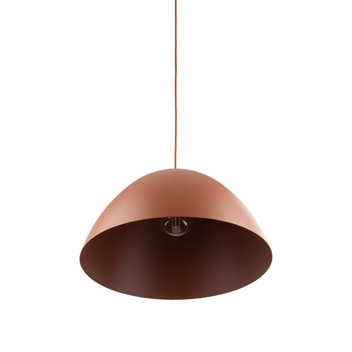 Lampa wisząca Faro D50 w kolorze ceglastym, o kształcie stożkowym, zawieszona na cienkim przewodzie. Wewnątrz widoczny gwint E27. Wykończenie matowe, minimalistyczny design, idealna do nowoczesnych aranżacji wnętrz.
