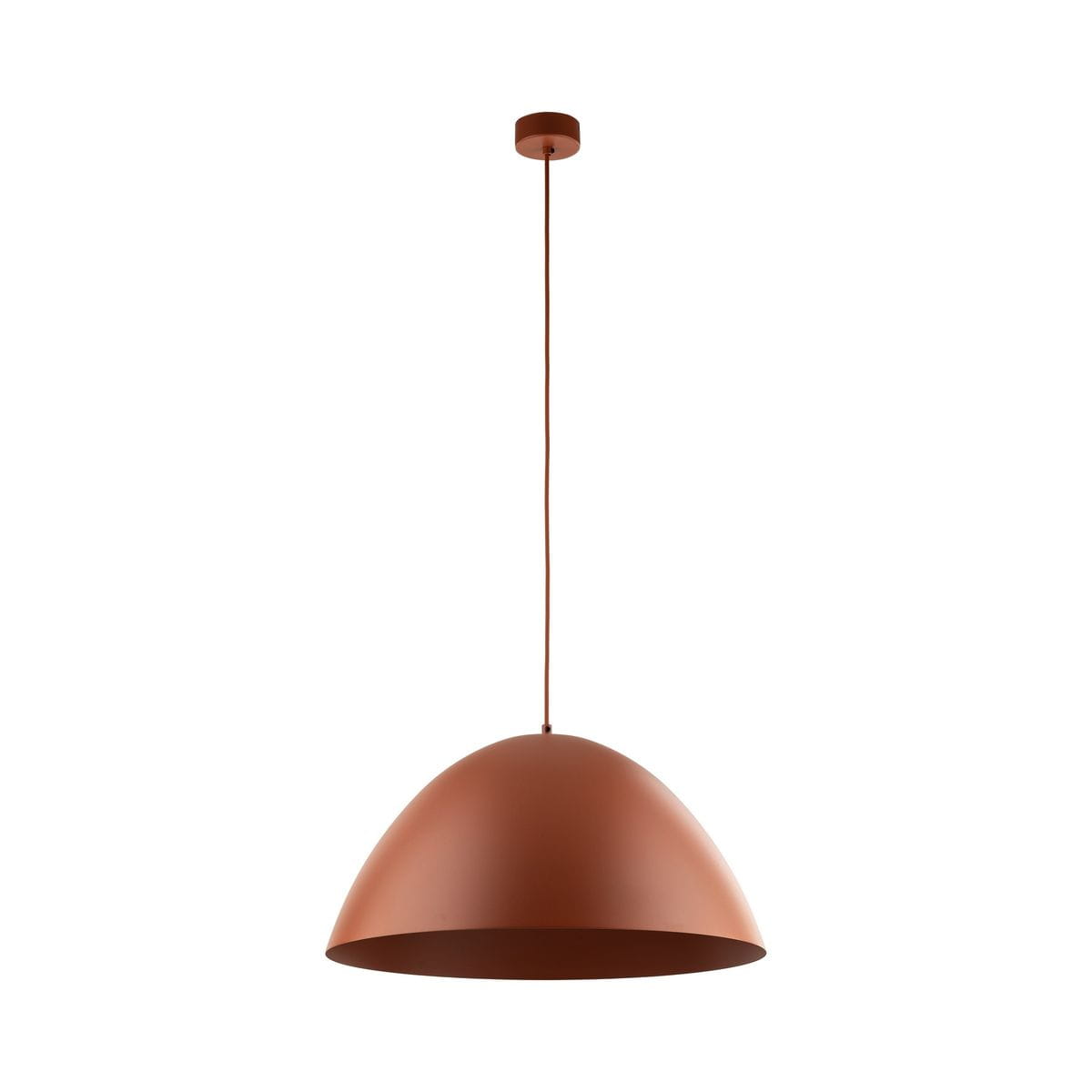 Lampa wisząca Faro D50 w kolorze ceglastym, z metalowym kloszem o kształcie półkuli, zawieszona na długim przewodzie. E27, minimalistyczny design, idealna do nowoczesnych wnętrz. Tło białe, co podkreśla kolor lampy.