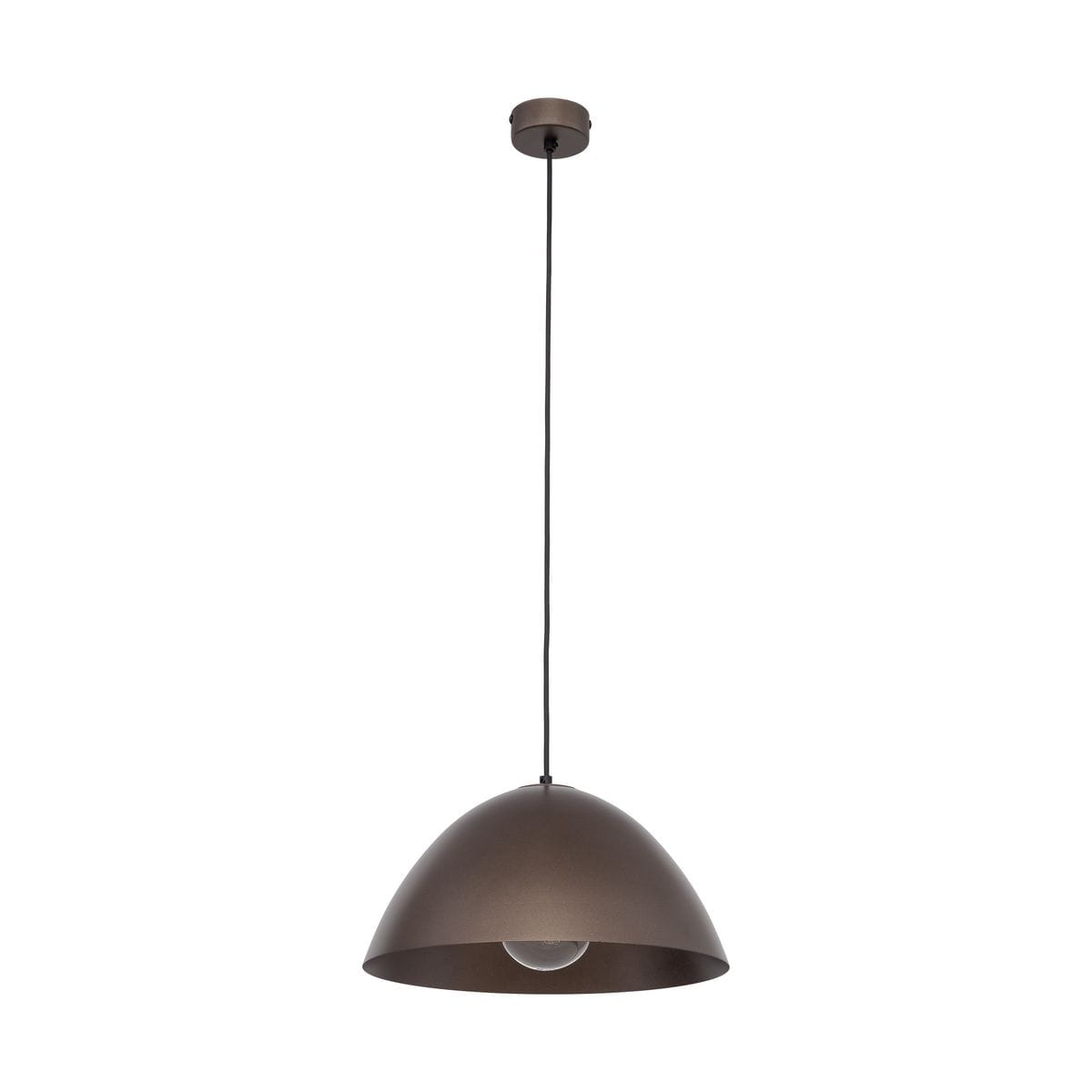 Lampa wisząca Faro D34 w kolorze brązowym, z metalowym kloszem w kształcie półkuli. Zawieszona na czarnym przewodzie, z jedną oprawą E27, widoczna żarówka. Produkt w ujęciu frontalnym, na białym tle.