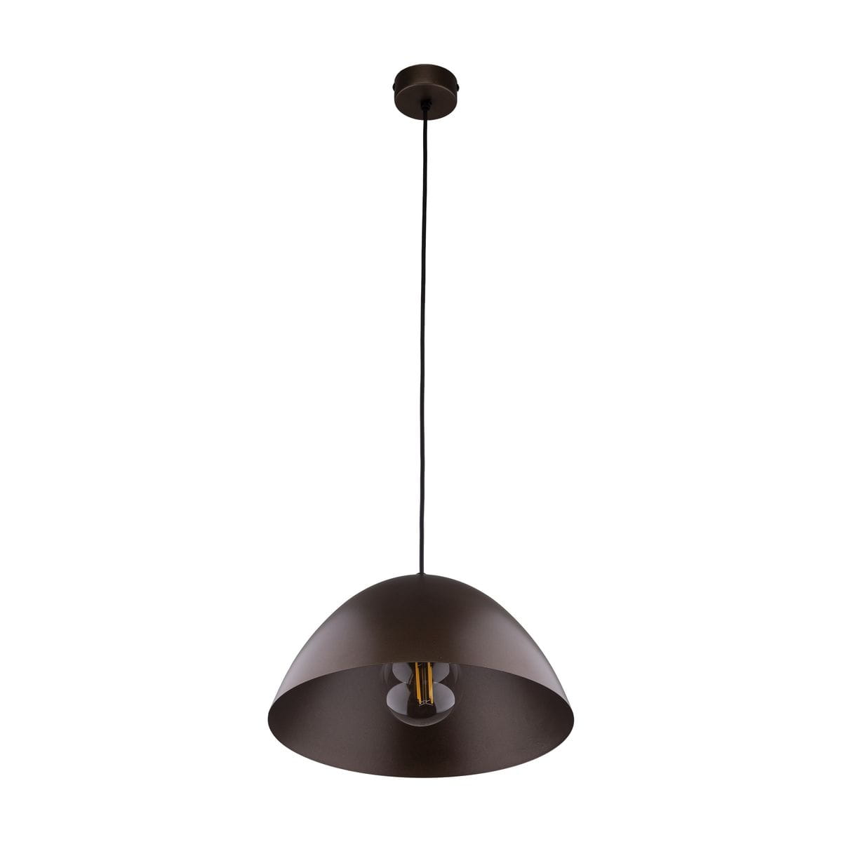 Brązowa lampa wisząca Faro D34 z oprawą na żarówkę E27, zawieszona na długim czarnym przewodzie. Klosz w kształcie półkuli, matowa powierzchnia, zamontowana na okrągłej podstawie sufitowej.