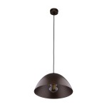 Brązowa lampa wisząca Faro D34 z oprawą na żarówkę E27, zawieszona na długim czarnym przewodzie. Klosz w kształcie półkuli, matowa powierzchnia, zamontowana na okrągłej podstawie sufitowej.
