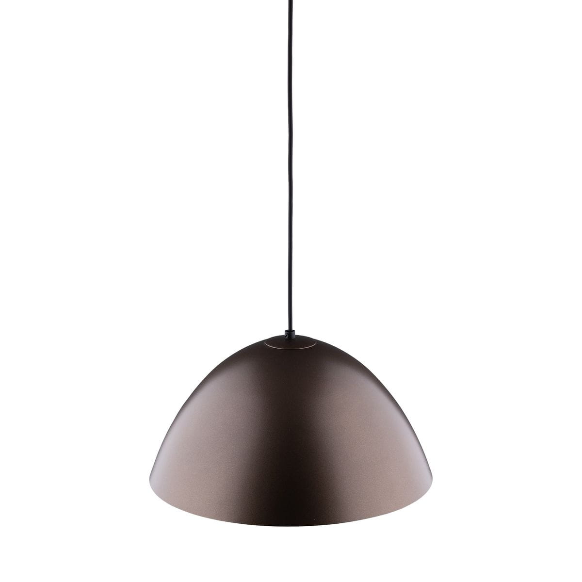 Brązowa lampa wisząca Faro D34 z kloszem w kształcie stożka, zawieszona na cienkim, czarnym przewodzie. Klosz o gładkiej, matowej powierzchni, idealny do nowoczesnych wnętrz. Umożliwia zastosowanie żarówki E27.