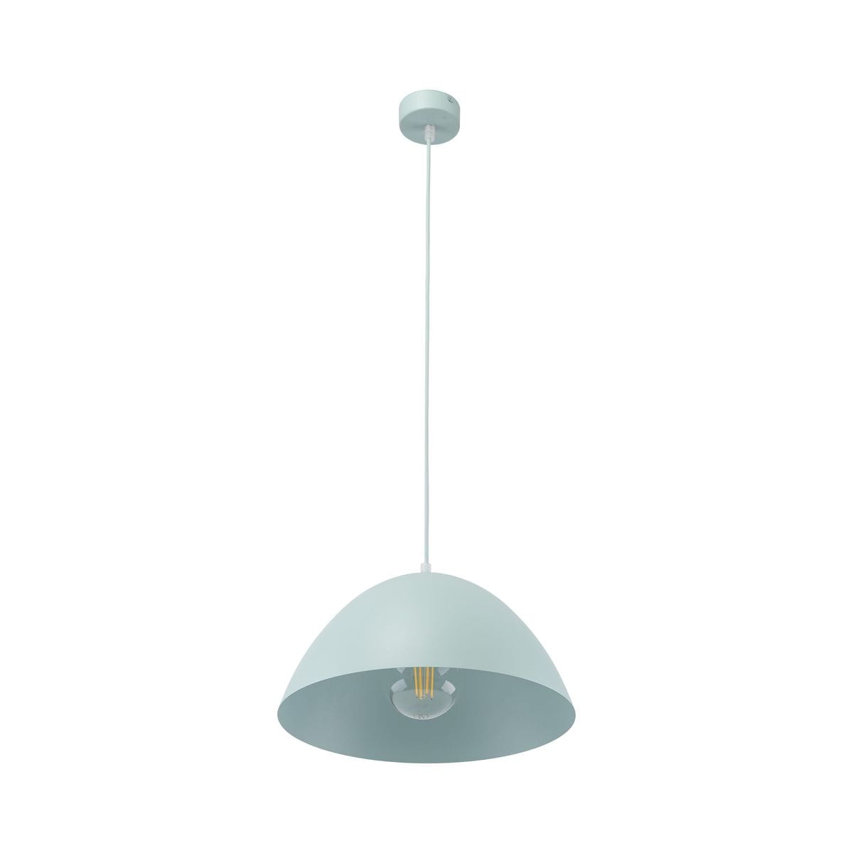 Lampa wisząca Faro D34 w kolorze miętowym, z metalowym kloszem w kształcie półkuli, zawieszona na białym przewodzie. Widoczna oprawka na żarówkę E27, minimalistyczny design, umieszczona na jednolitym tle.
