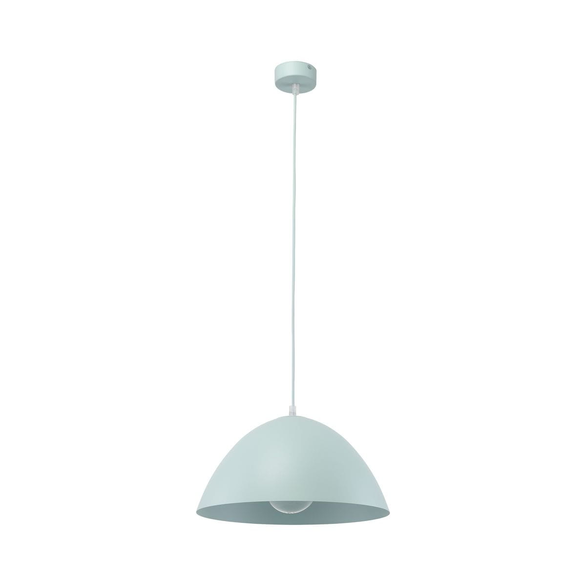Miętowa lampa wisząca Faro D34 z kloszem w kształcie półkuli, zawieszona na białym przewodzie. Widoczna oprawka E27. Prosty design, idealna do nowoczesnych wnętrz. Tło białe, co podkreśla kolor lampy.