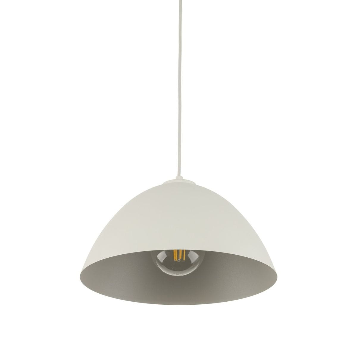 Beżowa lampa wisząca Faro D34 z oprawą na jedną żarówkę E27. Kształt stożkowy, matowe wykończenie, zawieszona na białym przewodzie. Widoczna żarówka wewnątrz. Prosta forma, idealna do nowoczesnych wnętrz.