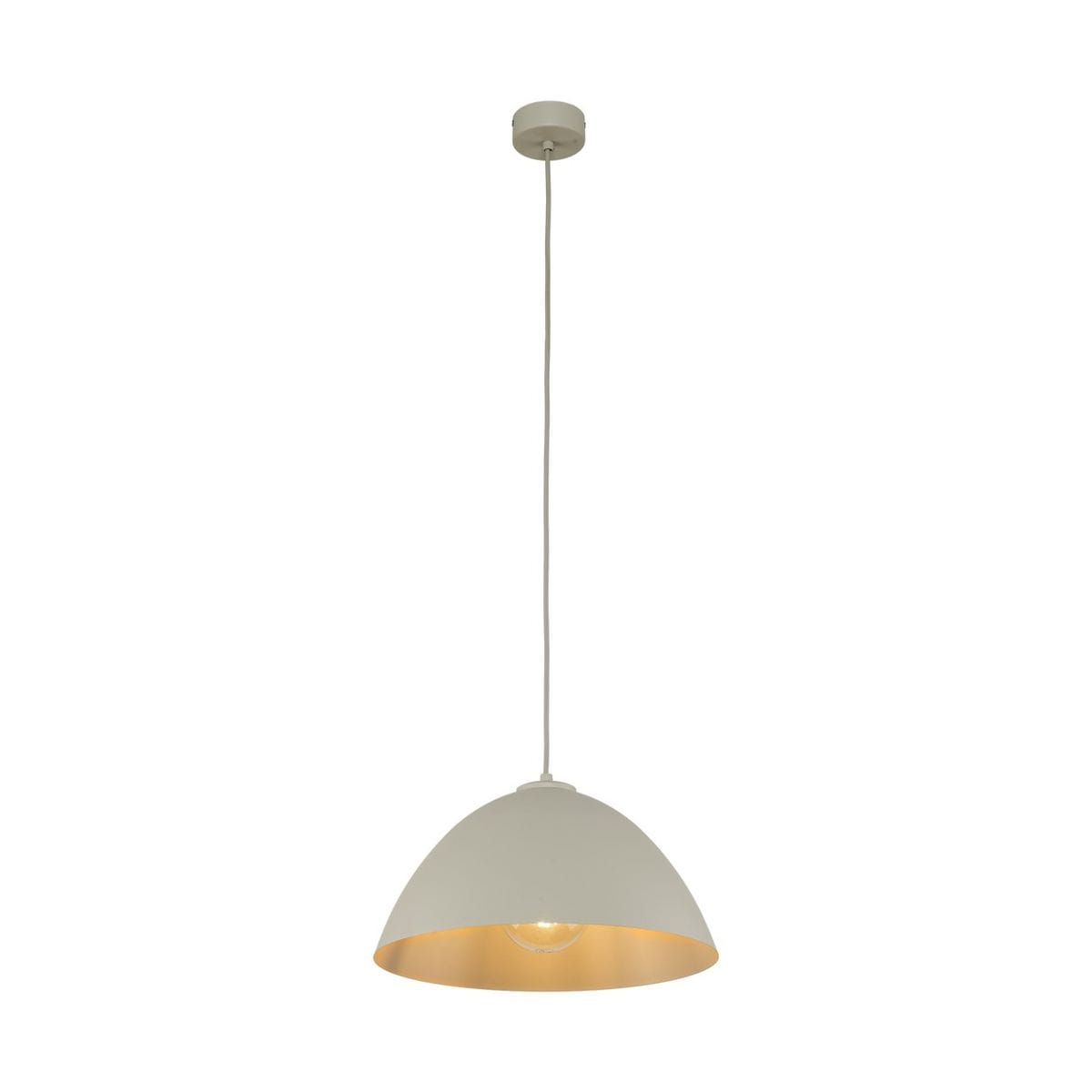 Lampa wisząca Faro D34 w kolorze beżowym z metalowym kloszem w kształcie półkuli, zawieszona na długim kablu. Wewnątrz klosza złota powłoka, co zwiększa efektywność światła. Montowana na suficie.