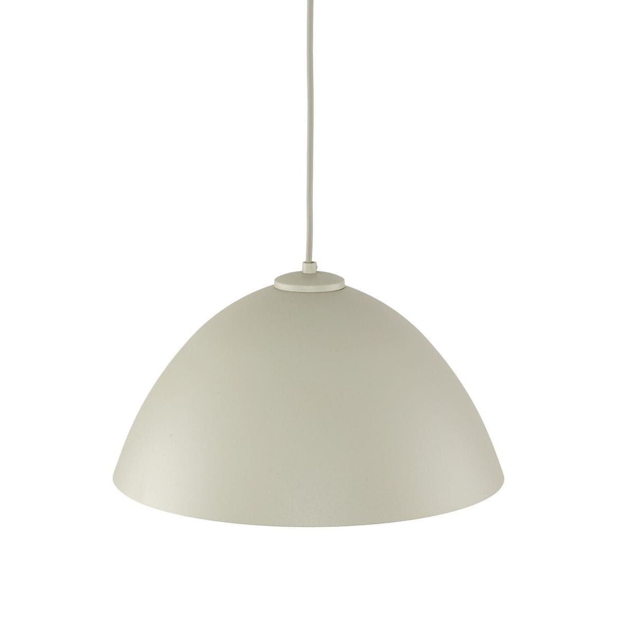 Beżowa lampa wisząca Faro D34 z kloszem w kształcie półkuli, zawieszona na cienkim przewodzie. Wykonana z matowego materiału, przeznaczona na żarówkę E27. Prosty design, idealna do nowoczesnych wnętrz.