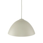 Beżowa lampa wisząca Faro D34 z kloszem w kształcie półkuli, zawieszona na cienkim przewodzie. Wykonana z matowego materiału, przeznaczona na żarówkę E27. Prosty design, idealna do nowoczesnych wnętrz.