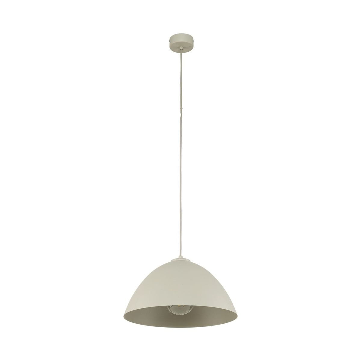 Beżowa lampa wisząca Faro D34 z kloszem w kształcie półkuli, zawieszona na długim przewodzie. Lampka z gniazdem E27, umieszczona w centralnej części klosza, na białym tle.
