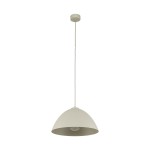 Beżowa lampa wisząca Faro D34 z kloszem w kształcie półkuli, zawieszona na długim przewodzie. Lampka z gniazdem E27, umieszczona w centralnej części klosza, na białym tle.
