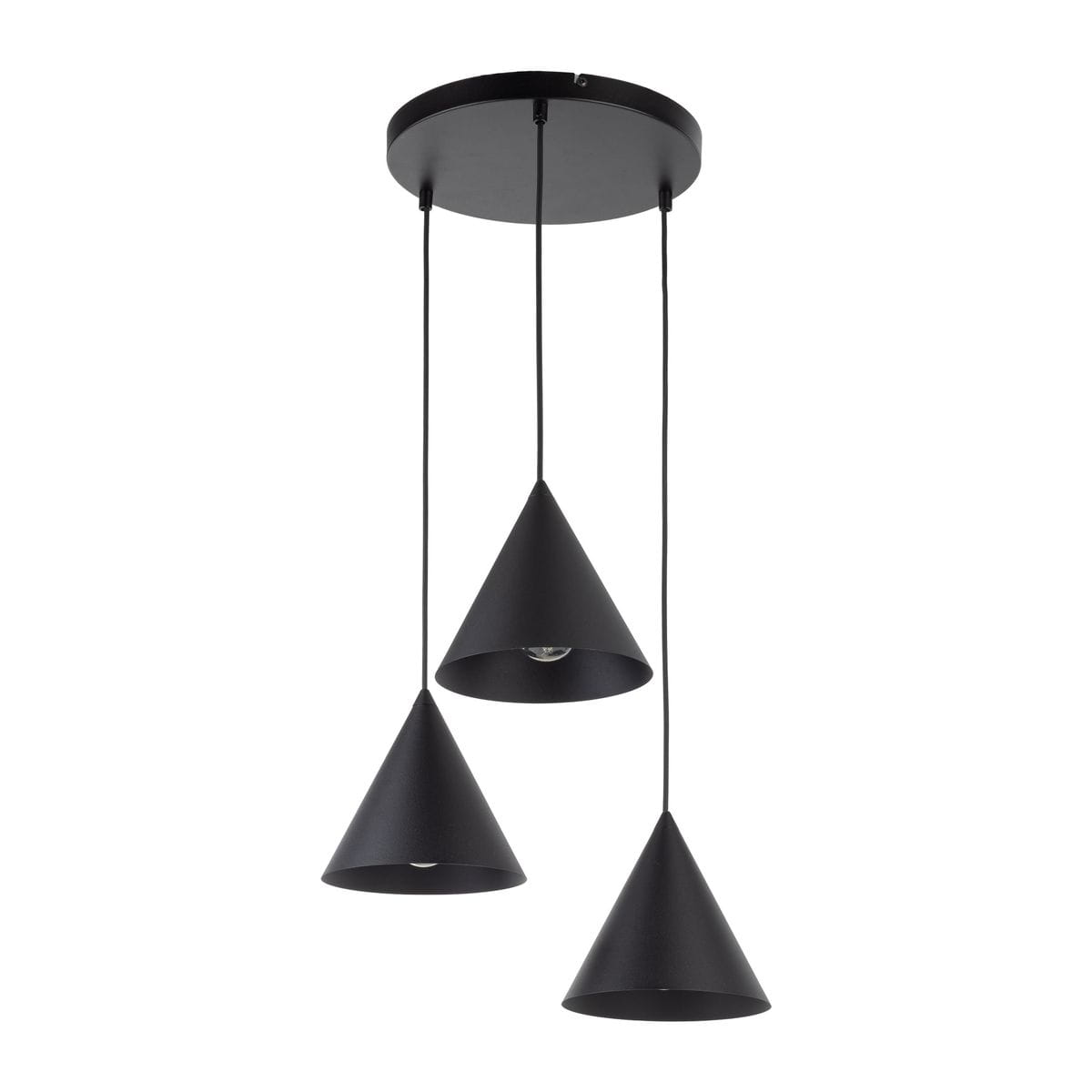 Czarna lampa wisząca Cono z trzema stożkowymi kloszami, zawieszona na długich przewodach, montowana do sufitu. Klosze wykonane z matowego materiału, przeznaczone na żarówki E27.