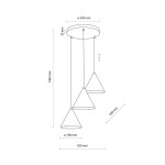 Lampa wisząca Cono 3xE27 w kolorze białym, składająca się z trzech stożkowatych kloszy o średnicy 190 mm, zawieszonych na regulowanych linkach. Całkowita wysokość 1400 mm, średnica podstawy 350 mm, odstęp między kloszami 420 mm.