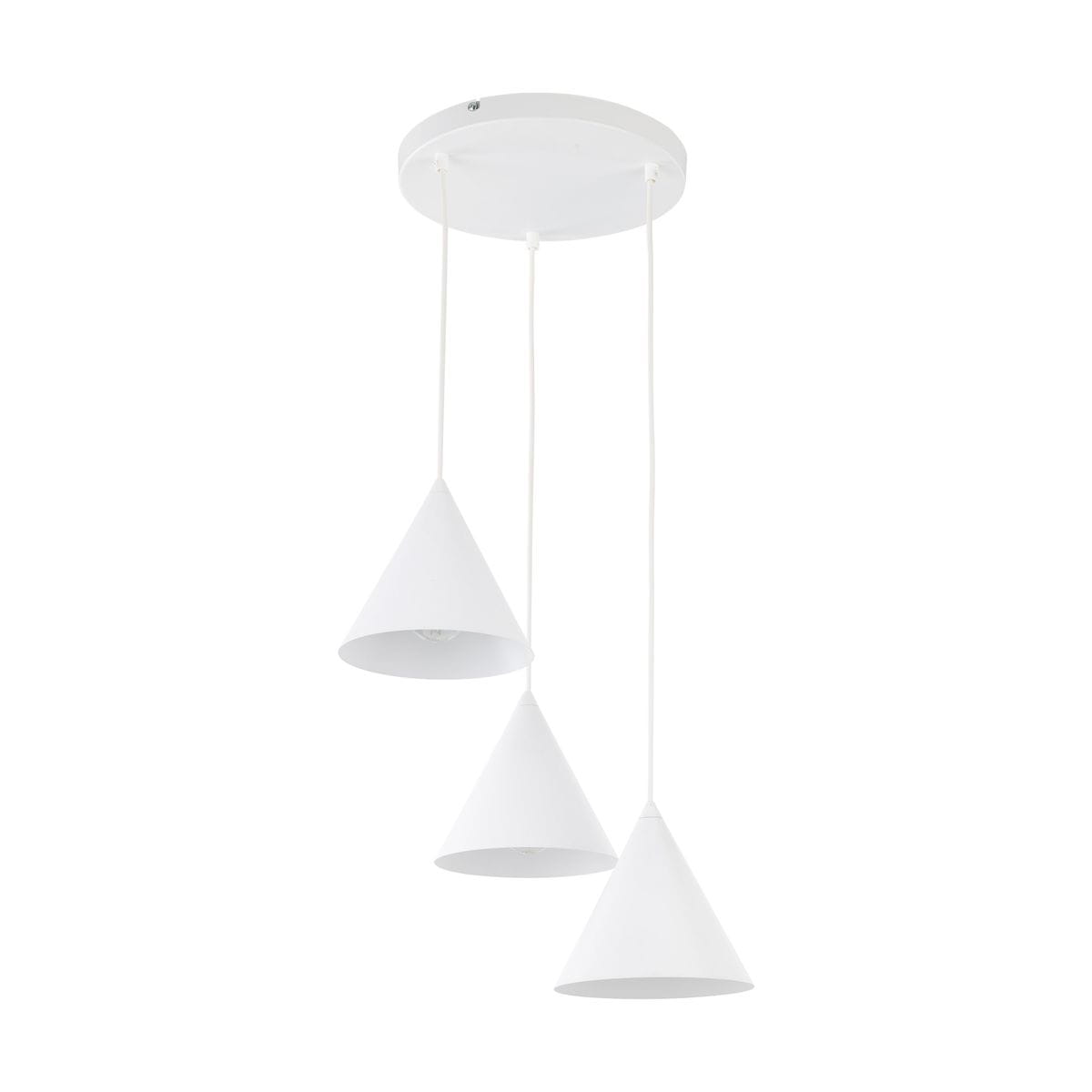 Lampa wisząca Cono 3xE27 w kolorze białym, posiada trzy stożkowate klosze zawieszone na białych przewodach. Utrzymana w minimalistycznym stylu, montowana sufitowo, idealna do nowoczesnych wnętrz.