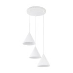 Lampa wisząca Cono 3xE27 w kolorze białym, posiada trzy stożkowate klosze zawieszone na białych przewodach. Utrzymana w minimalistycznym stylu, montowana sufitowo, idealna do nowoczesnych wnętrz.