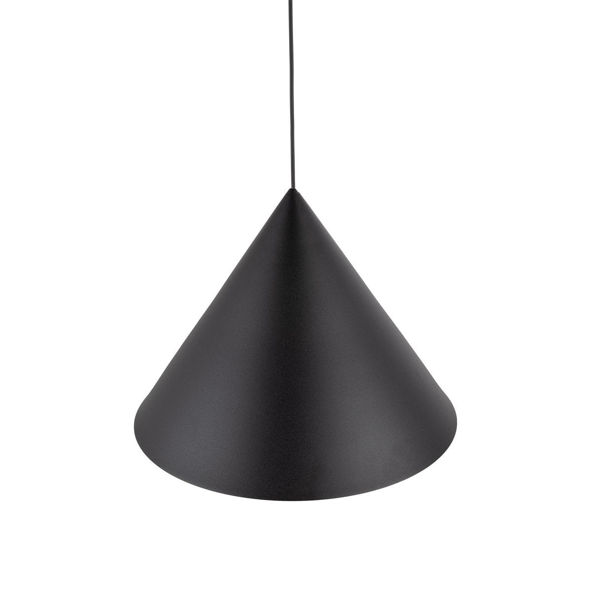 Czarna lampa wisząca Cono D50 o kształcie stożka, wykonana z matowego materiału. Wyposażona w jedno gniazdo E27, zawieszona na cienkim przewodzie, widoczna z przodu. Idealna do nowoczesnych wnętrz.