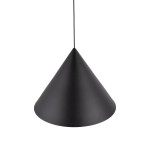Czarna lampa wisząca Cono D50 o kształcie stożka, wykonana z matowego materiału. Wyposażona w jedno gniazdo E27, zawieszona na cienkim przewodzie, widoczna z przodu. Idealna do nowoczesnych wnętrz.