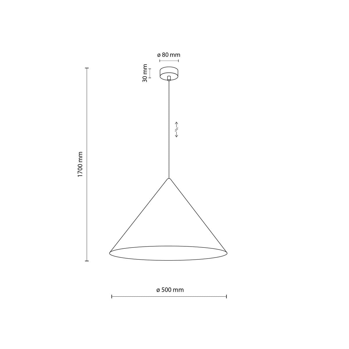 Lampa wisząca Cono D50 w kolorze białym z jednym gniazdem E27. Ma stożkowaty kształt o średnicy 500 mm i wysokości 1700 mm. U góry znajduje się okrągła podsufitka o średnicy 80 mm, zawieszona na cienkim kablu.