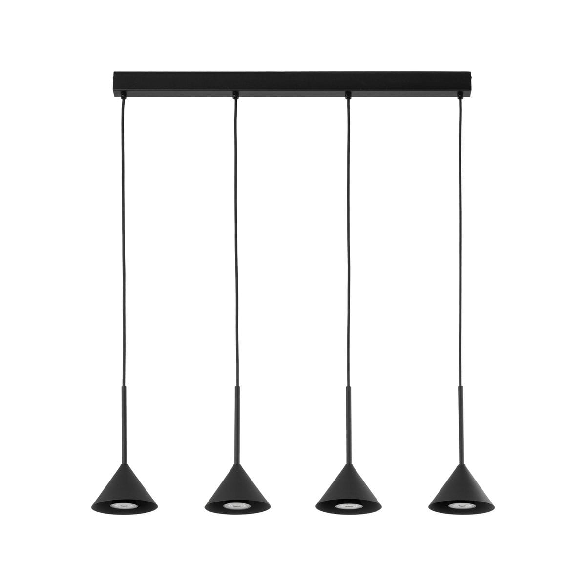 Lampa wisząca Cono w kolorze czarnym, z czterema stożkowymi kloszami, zawieszona na prostokątnej listwie. Klosze mają średnicę zwężającą się ku dołowi, a każdy z nich mieści żarówkę GU10. Kabelki w czarnym kolorze, lampa w ułożeniu zwisającym.