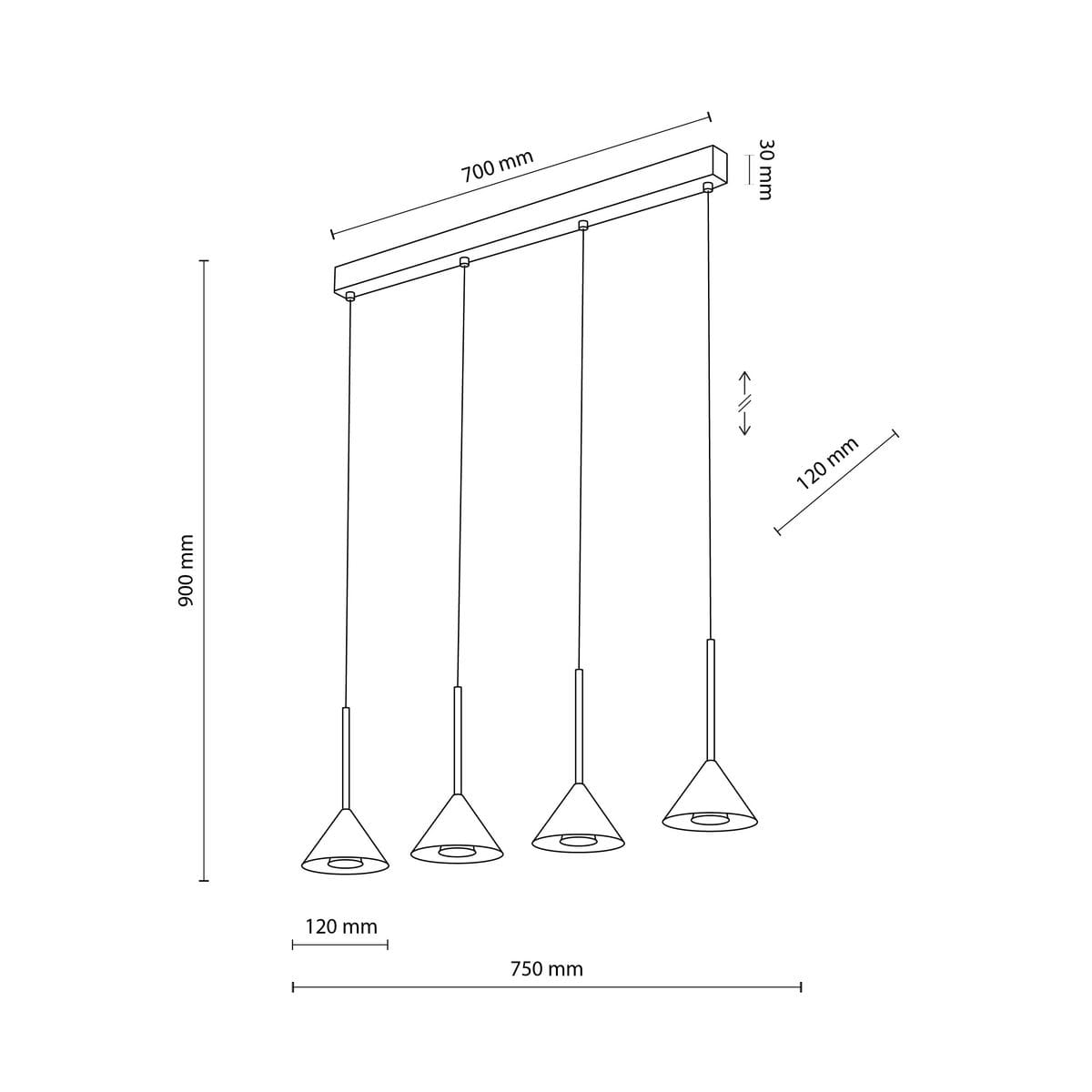 Lampa wisząca Cono czarna z czterema kloszami na żarówki GU10. Prosta konstrukcja z prostokątnym stelażem o wymiarach 700 mm x 30 mm, zawieszona na linkach, z wysokością 900 mm. Klosze mają stożkowy kształt i średnicę 120 mm.