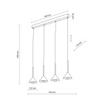 Lampa wisząca Cono czarna z czterema kloszami na żarówki GU10. Prosta konstrukcja z prostokątnym stelażem o wymiarach 700 mm x 30 mm, zawieszona na linkach, z wysokością 900 mm. Klosze mają stożkowy kształt i średnicę 120 mm.