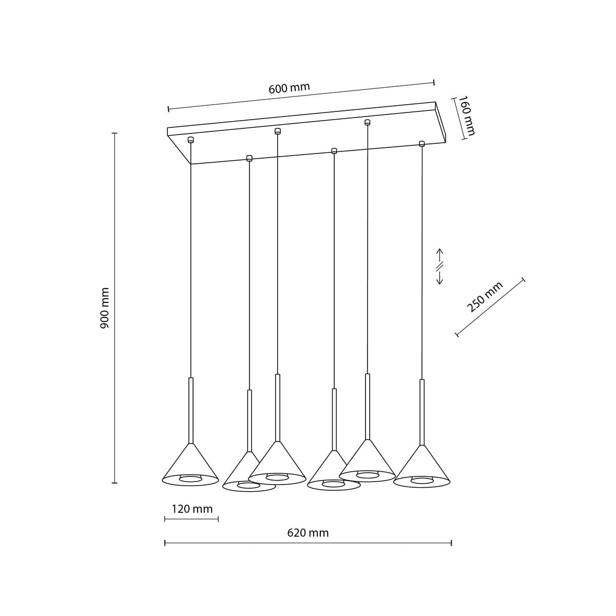Lampa wisząca Cono w kolorze czarnym, przeznaczona na 6 żarówek GU10. Kształt stożkowaty, wymiary: 900 mm wysokości, 600 mm szerokości, 250 mm długości zwisów. Prosta konstrukcja z metalowymi elementami, zawieszona na cienkich linkach.